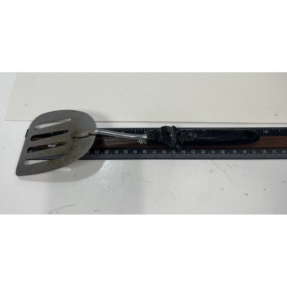 EKCO Spatula Slotted Angled  Chromium Plated Black Handle USA 13” Melt Marks